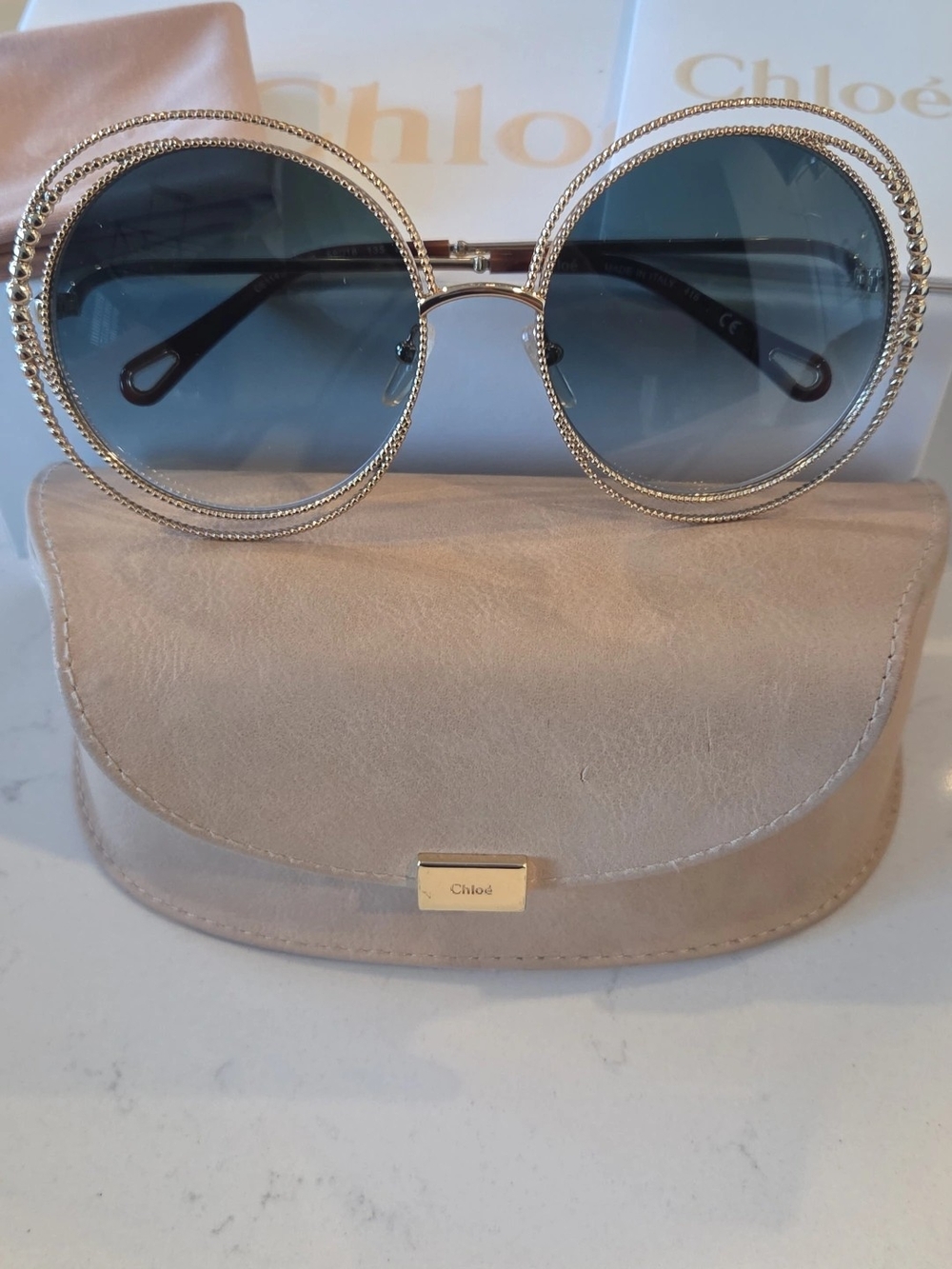 Chloé Gold Round Sunglasses with Blue Gradient Lenses